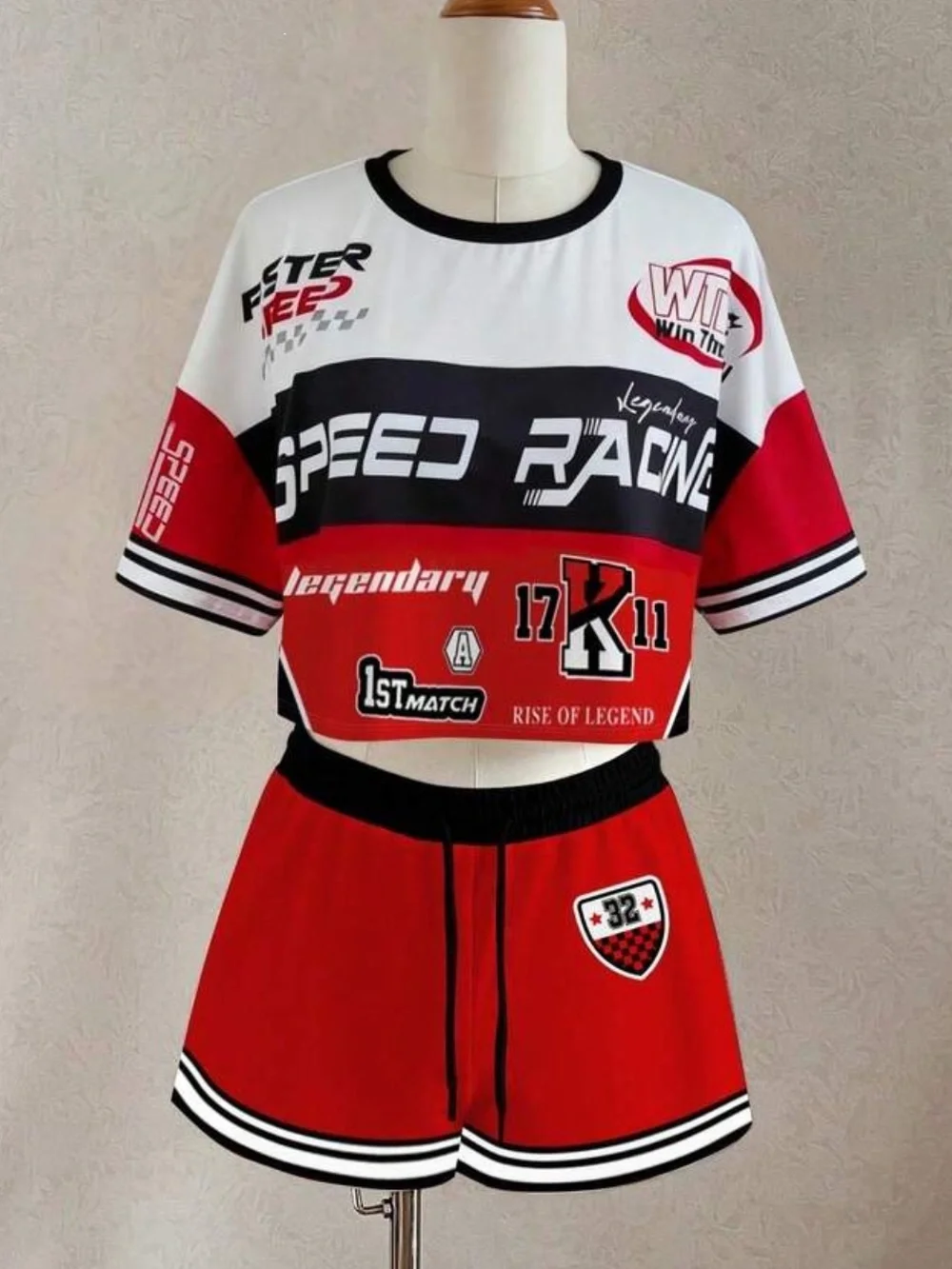 Red 'Speed Racing' Athletic Shorts Set for Women